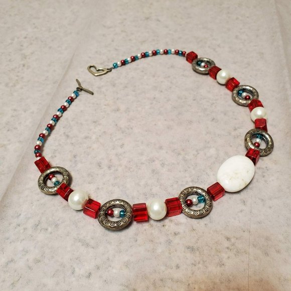 Chunky Beaded Necklace, White, Red, Silver, Statement Necklace - Picture 2 of 4